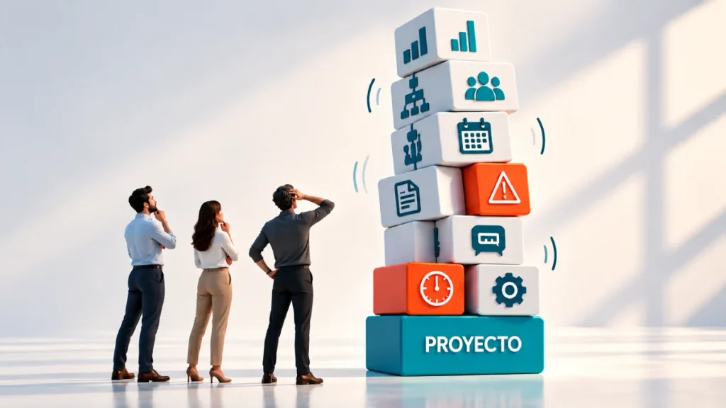 Equipo observando una torre de procesos y controles sobre un proyecto
